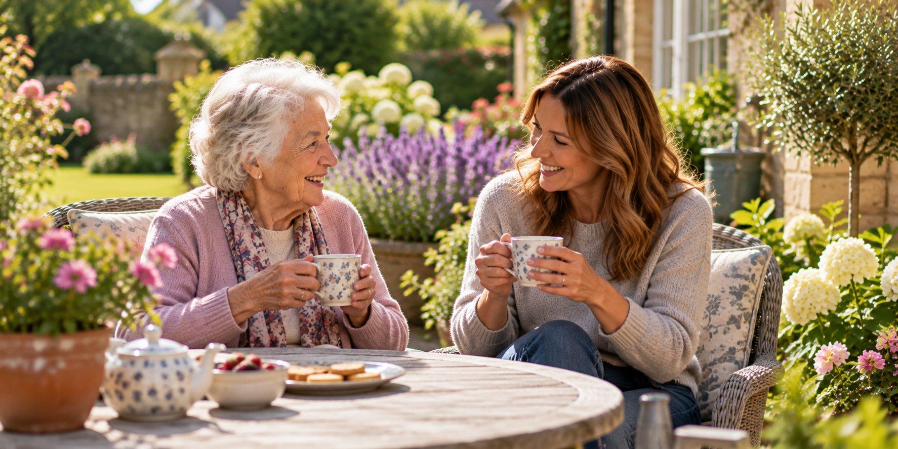 An elderly woman and her carer sharing tea in a sunny garden
