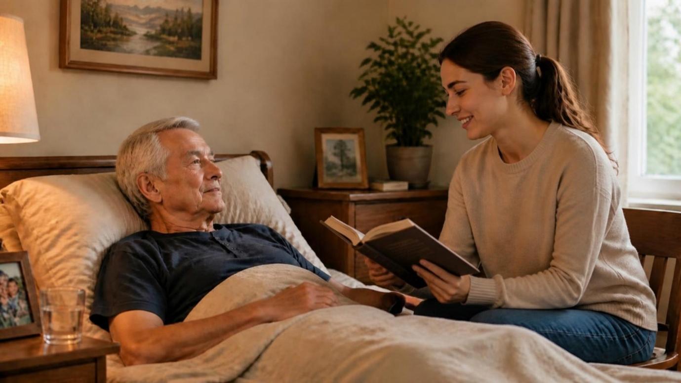 A carer sitting with her client, reading together and offering companionship at home